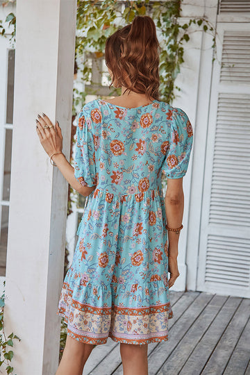 V Neck Bohemian Style Trykt Blå sommerkjole
